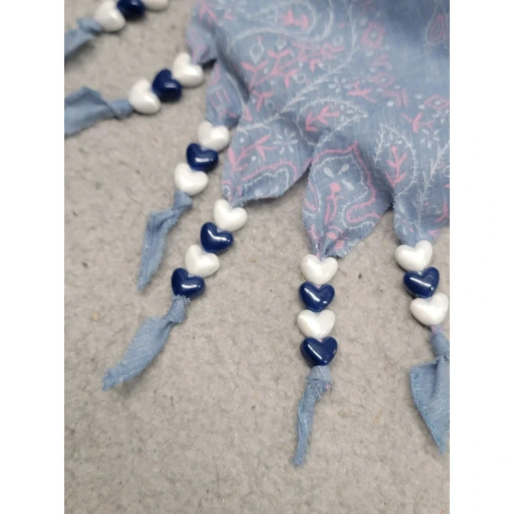 Floral Headscarf Scarf Lot Of 2 Womens Blue Lace Beaded Heart Tassel‎ Trim